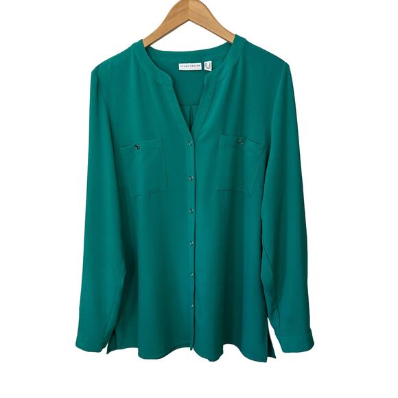 Susan Graver Button Up Shirt Roll Tab Sleeve Green Top Womens Size 14 V Neck - Picture 1 of 7